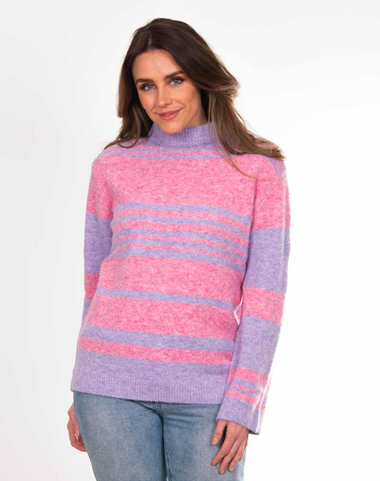 Bella Striped Funnel Neck Bell Sleeve Pullover - Lilac/Blush