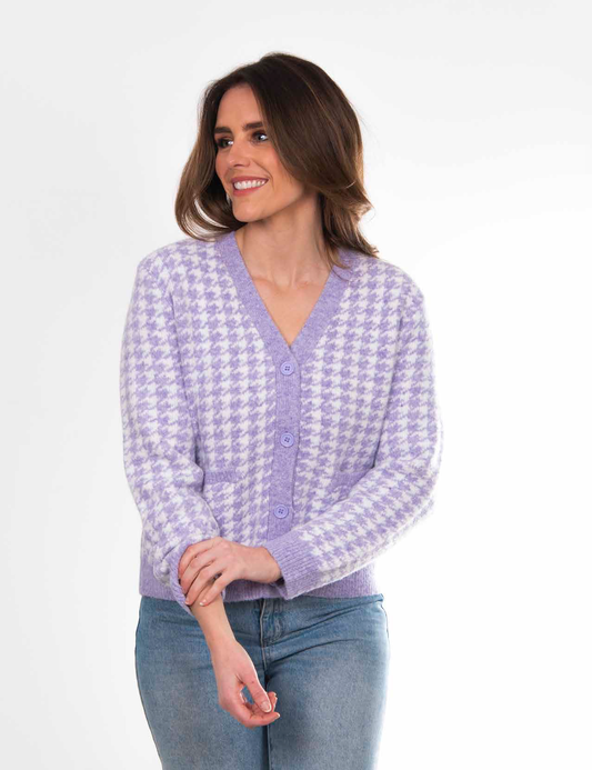 Bella Lilac Boxy Houdstooth Cardigan with Pockets