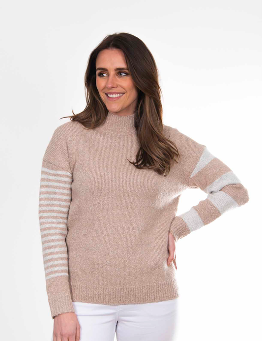 Bella Striped Sleeve Pullover - Oatmeal White