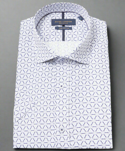 White dress shirt with blue geometric pattern on a white background