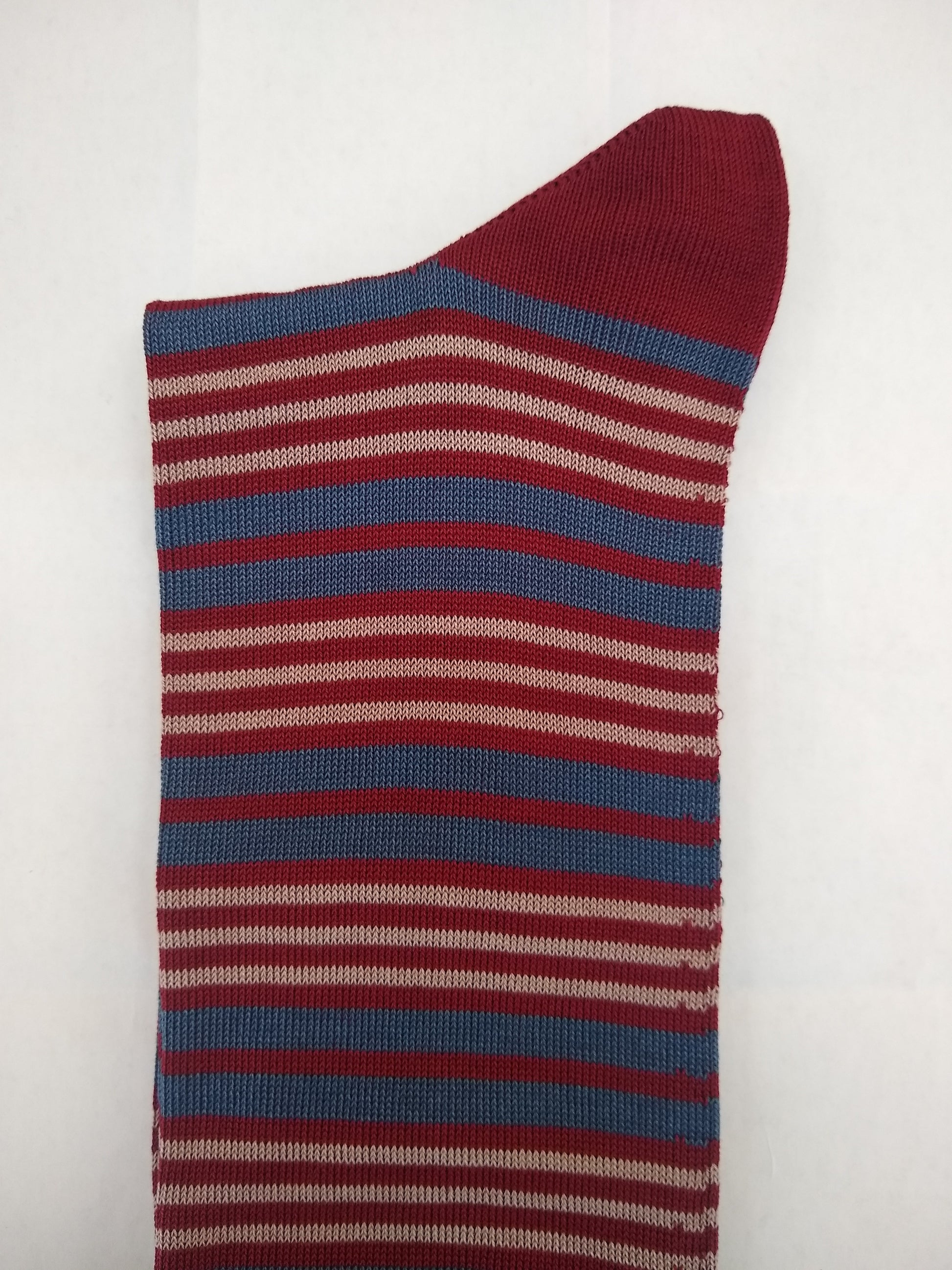 Red, blue, and cream striped men's dress sock, quality fashion footwear accessory