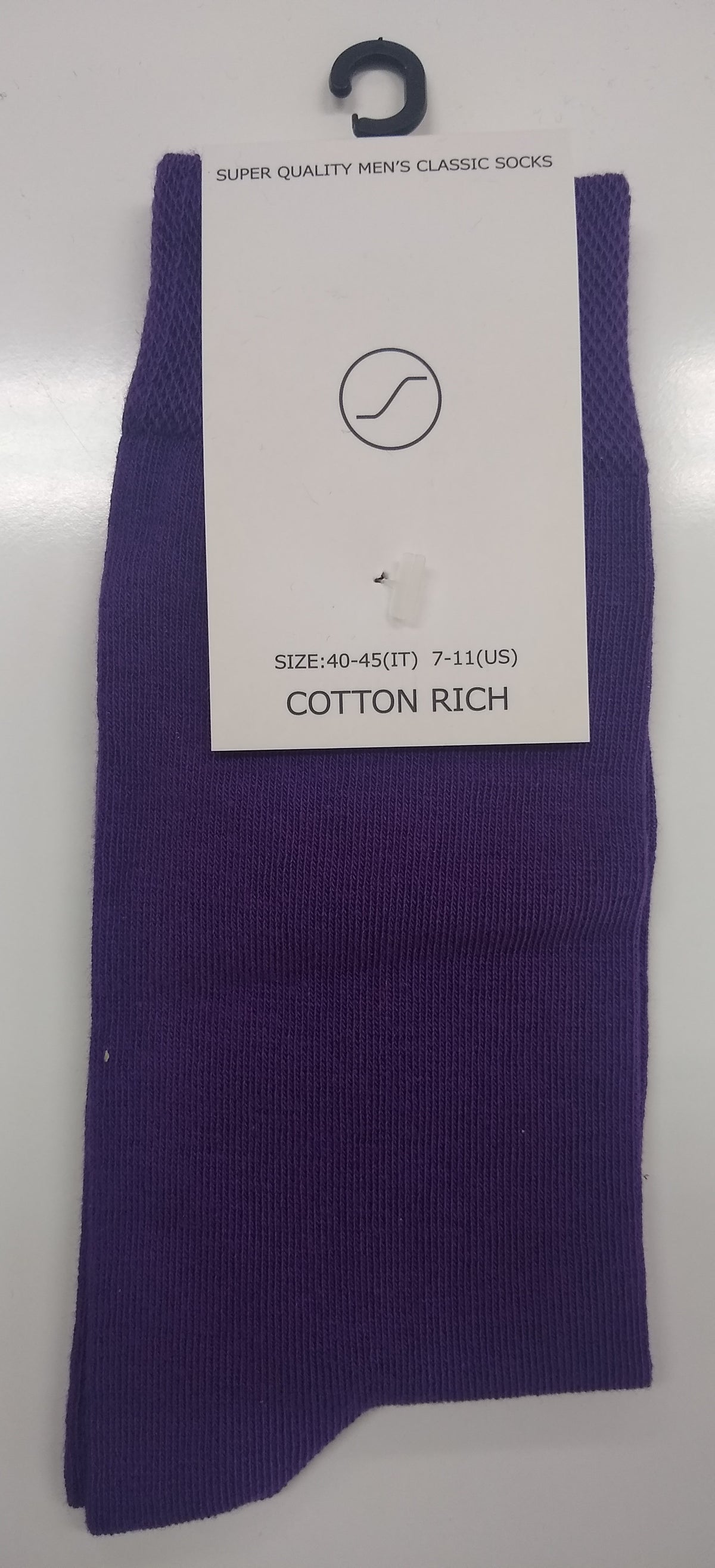 Purple men's classic cotton rich socks, size 40-45, displayed with tag