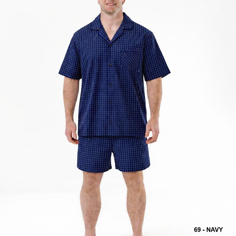 Lichfield Summer Weight Shorty Cotton Pyjamas - Navy Check