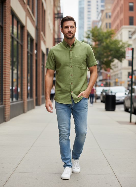 RF Scott Fields Linen Short Sleeve Shirt - Grass