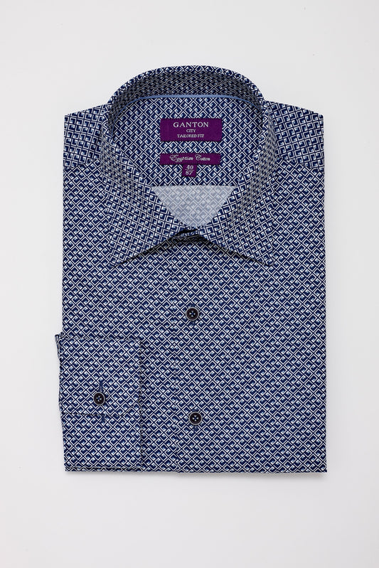 Ganton York Navy Blue Geometric Long Sleeve Shirt