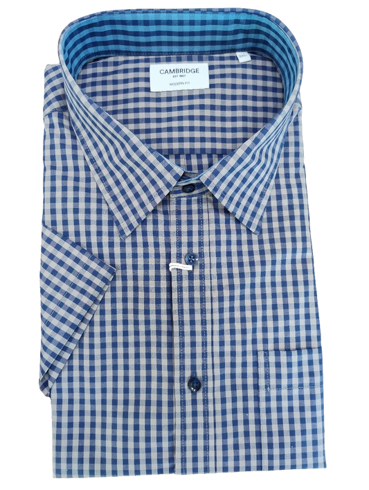 Cambridge Barwon Navy Taupe Check Short Sleeve Shirt