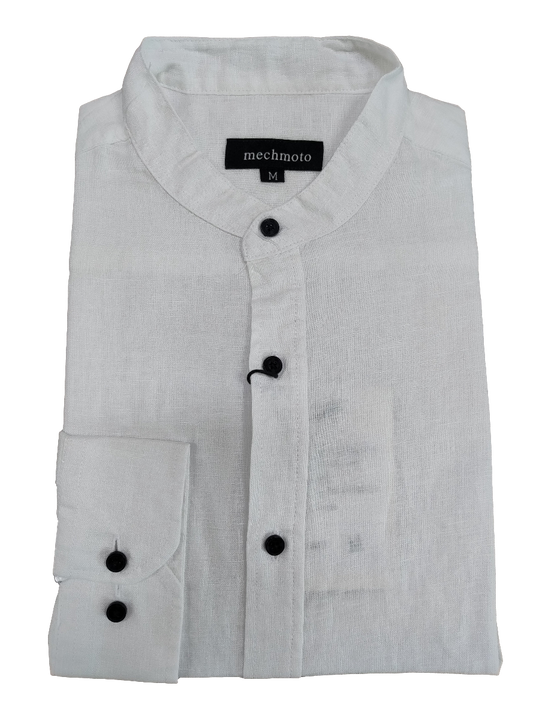 Mechmoto Long Sleeve Linen Mandarin Collar Shirt - White