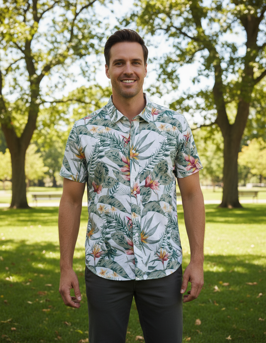 Boston Sel Ecru Green Floral Linen Short Sleeve Shirt
