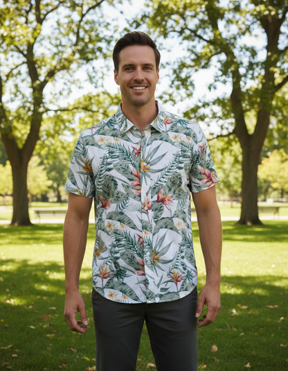 Boston Sel Ecru Green Floral Linen Short Sleeve Shirt