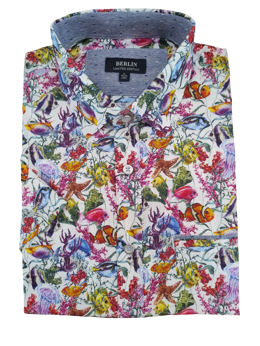 Berlin Tropical Fish Satin Print Short Sleeve Shirt