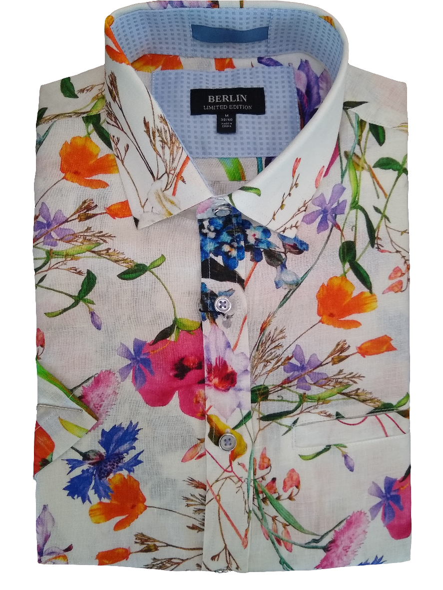 Berlin Large Floral Linen Print Short Sleeve Shirt