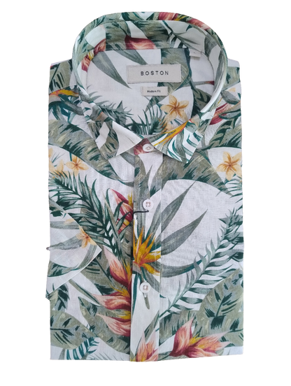 Boston Sel Ecru Green Floral Linen Short Sleeve Shirt
