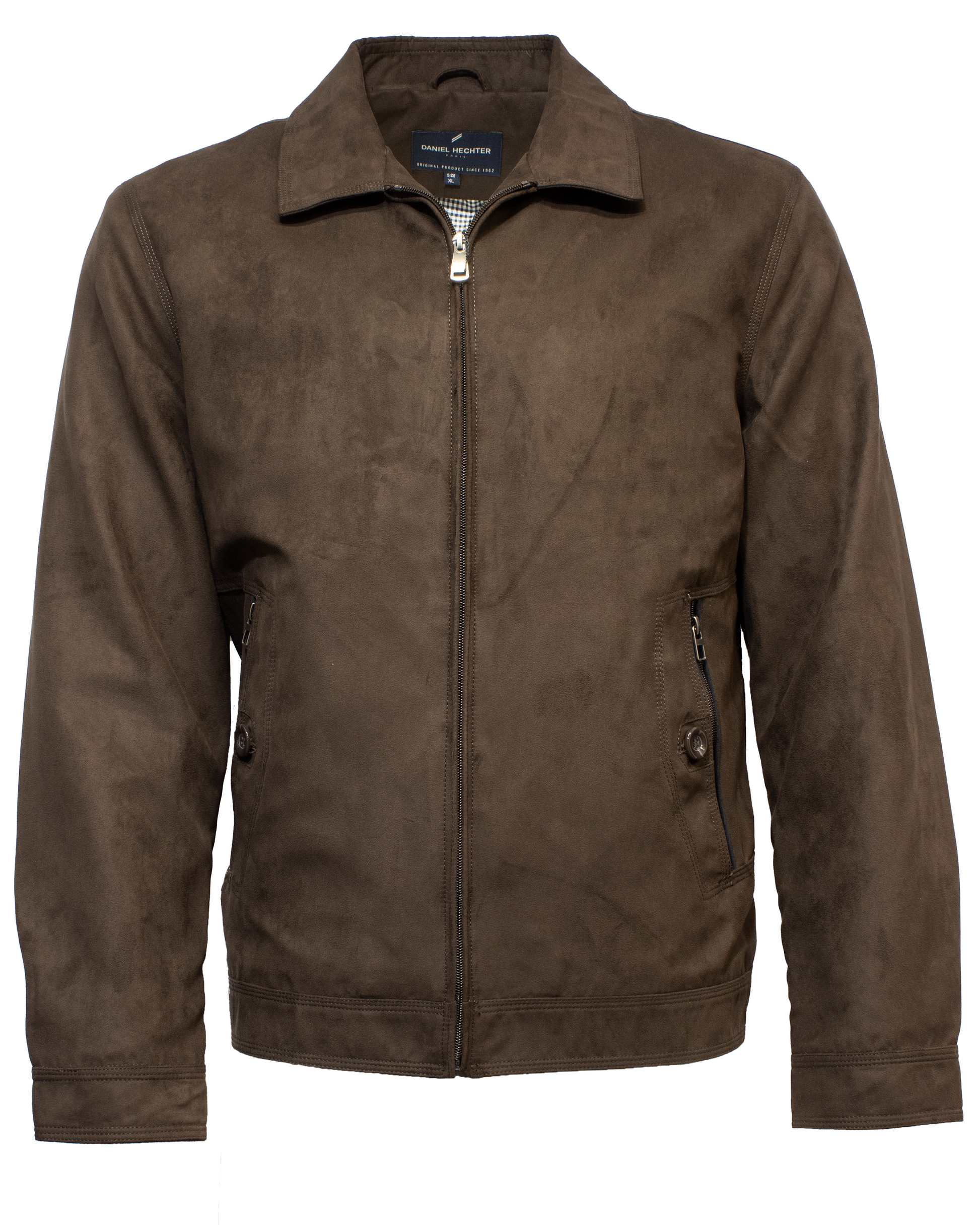 Men's brown suede bomber jacket with front zipper and side pockets