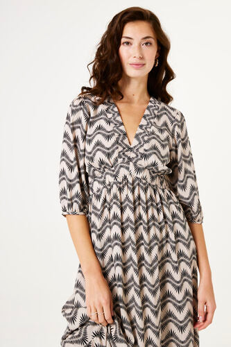 Garcia Black and White Print Dress with Sleeves