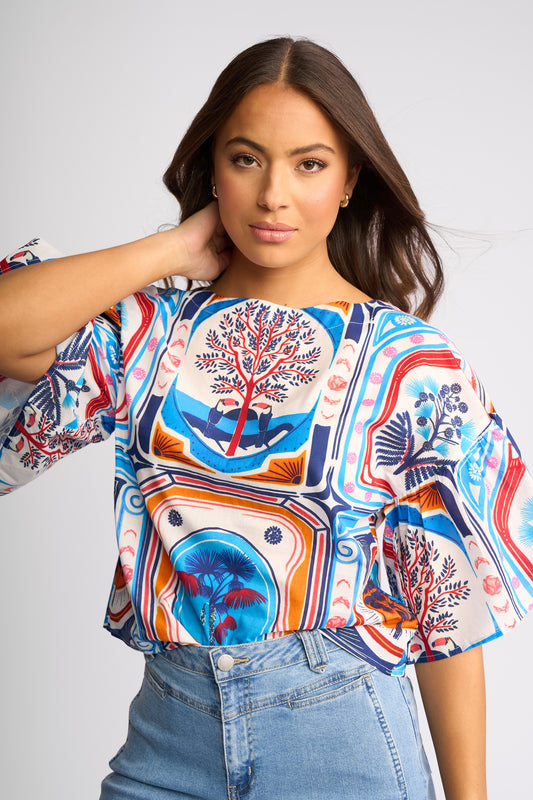 Knewe Brooke Printed Drop Shoulder Top with Frill Sleeve - Sorrento