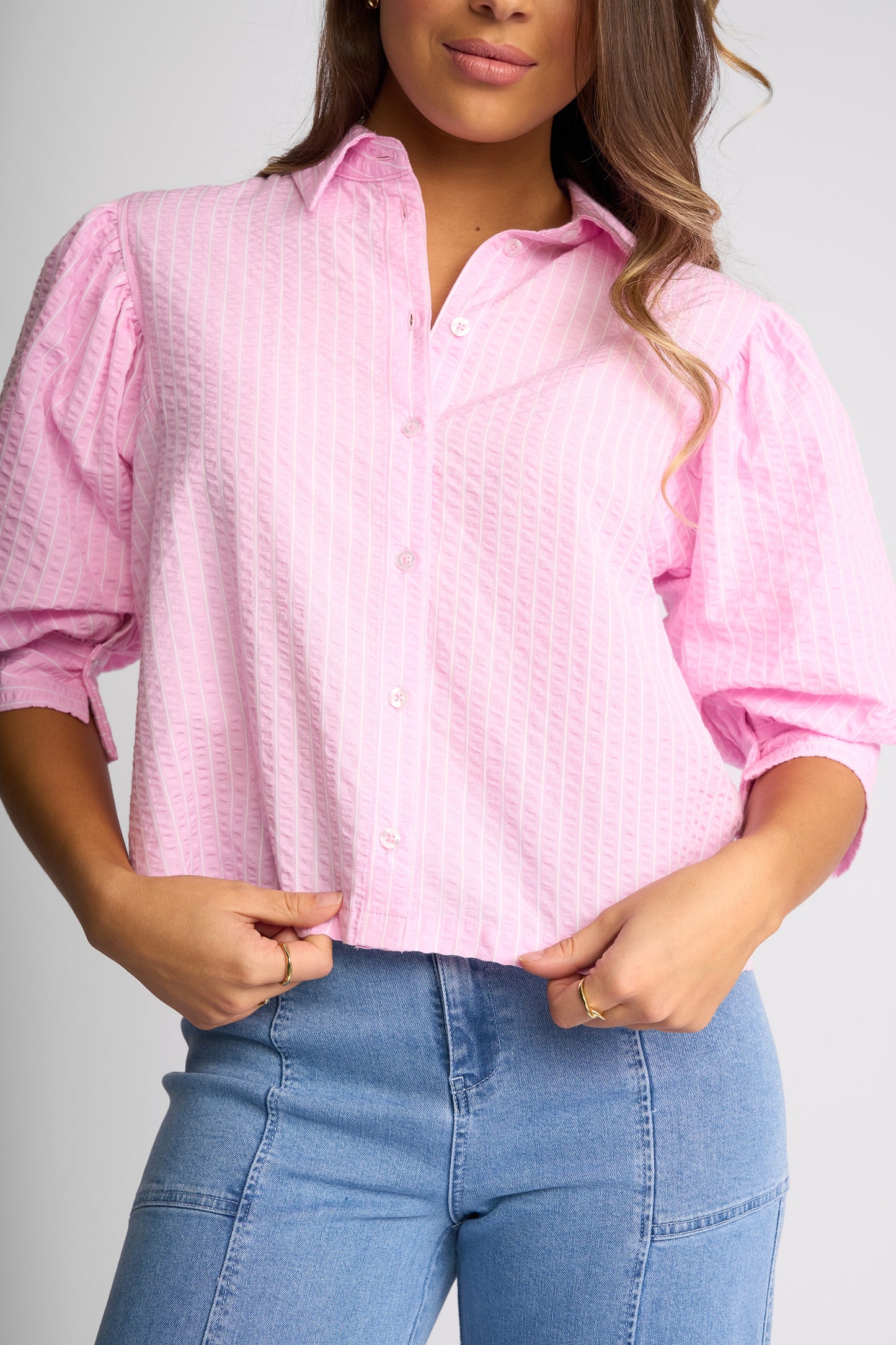 Knewe Emmett Puff Sleeve Shirt - Pink Stripe