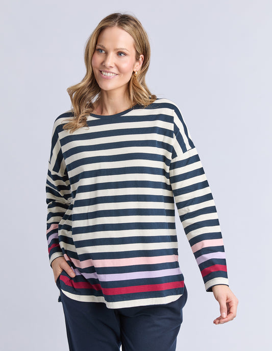 Elm Retreat Long Sleeve Tee - Winter White/Navy Stripe
