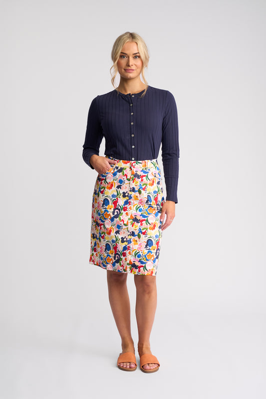 Vassalli Poppy Printed Lightweight Skirt with Centre Back Vent - Mon Cheri