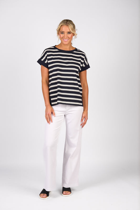 Vassalli Drop Sleeve Top with Stepped Hem Ink Stripe