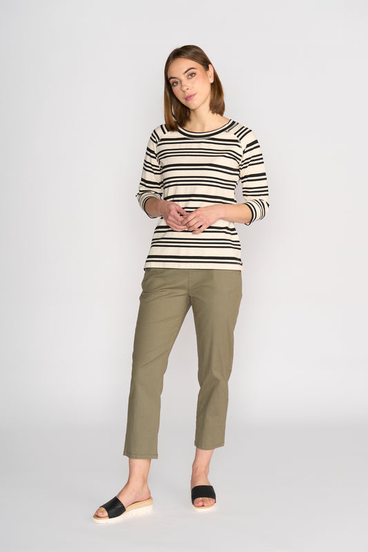 Vassalli Boat Neck 3/4 Sleeve Top Ecru/Black Stripe