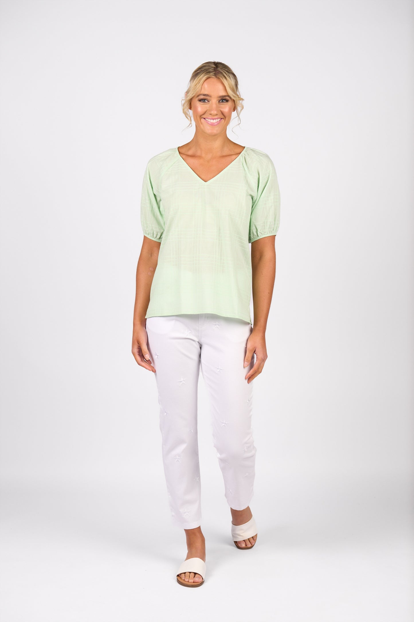 Vassalli Plain V Neck Top with Floaty Sleeve Mint