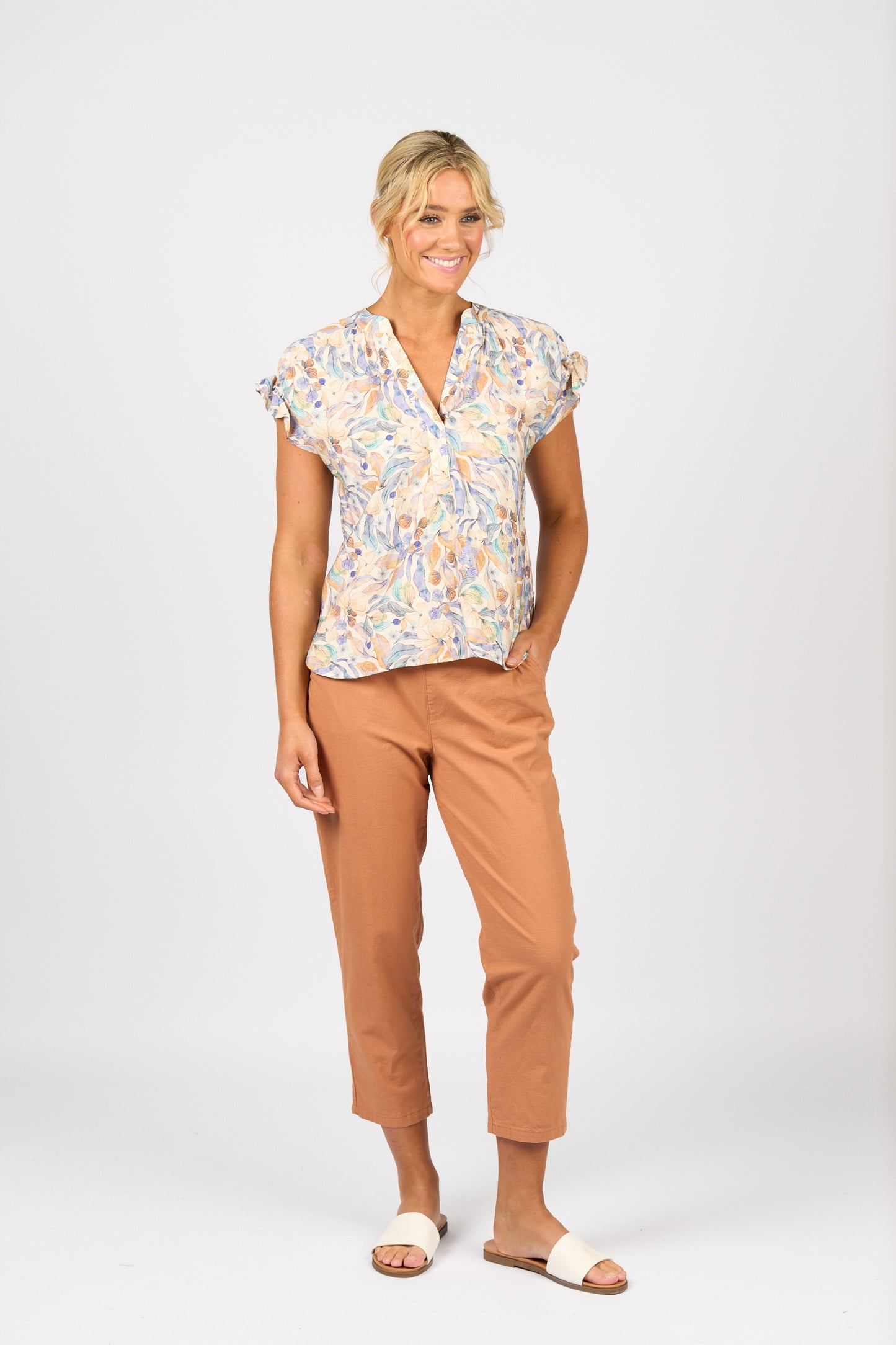 Vassalli Printed Drop Shoulder Top with Shirring Detail Amalfi