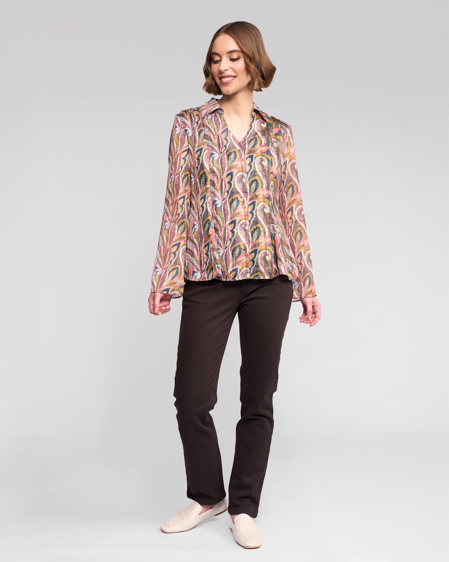 Vassalli Valley Peplum Shirt with Fluted Sleeve-Sable