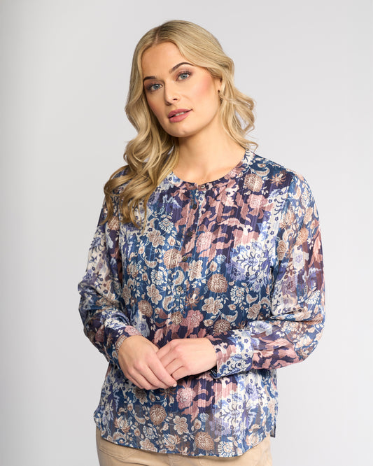 Vassalli Rhythm Collarless Half Placket Top - Rhea