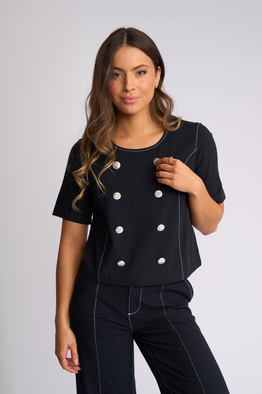 Vassalli Oslo Round Neck Top with Button Detail - Ink