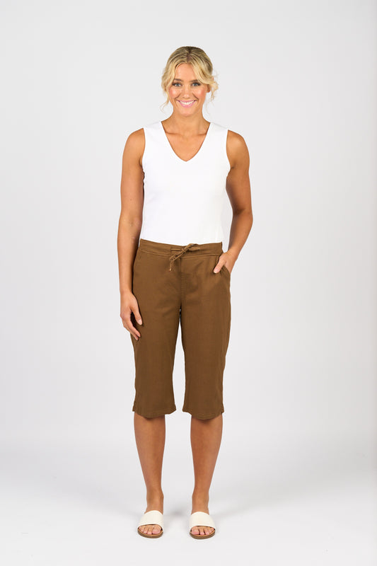 Vassalli Below Knee Slim Leg Elastic Waist Pant Pecan