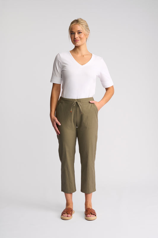 Vassalli Henley 7/8 Slim Leg Elastic Waist Pant - Army