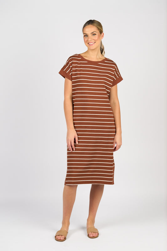 Vassalli Drop Sleeve T Shirt Dress Pecan Stripe