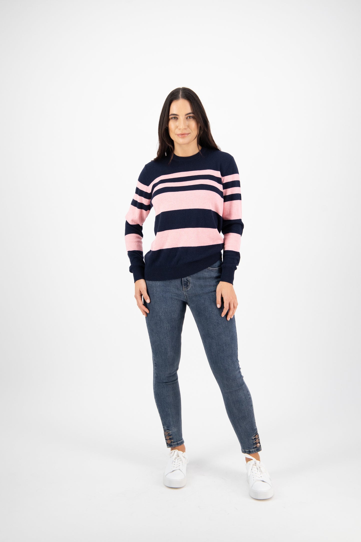 Vassalli Stripe Round Neck Knit Sweater - Pink