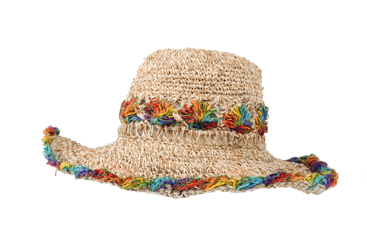 Sababa Crochet Hat Hemp & Cotton Smiley Morning Rainbow Flowers