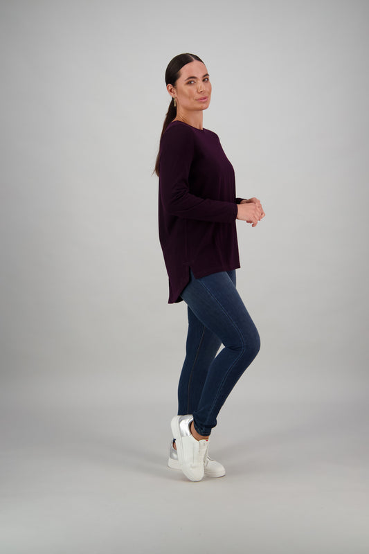 Vassalli Mulberry 100% Merino with Back Button Placket Long Sleeve Top