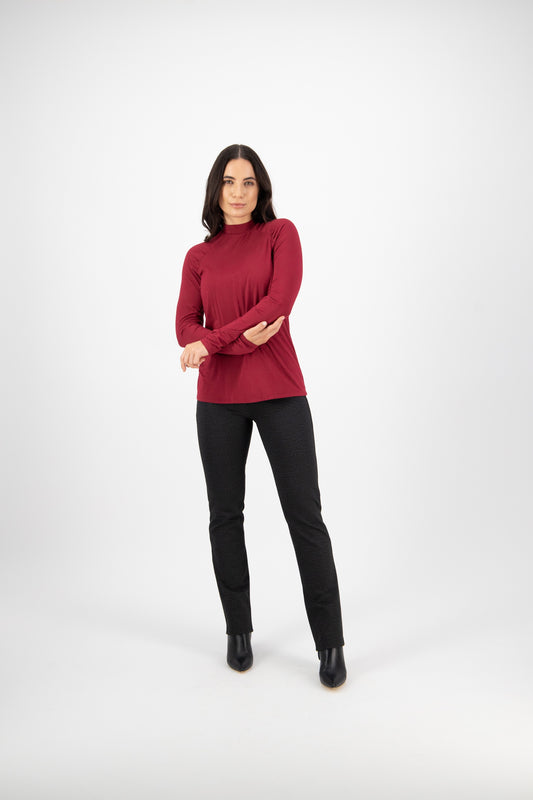 Vassalli High Neck Top with Gather at Raglan Sleeves - Raspberry