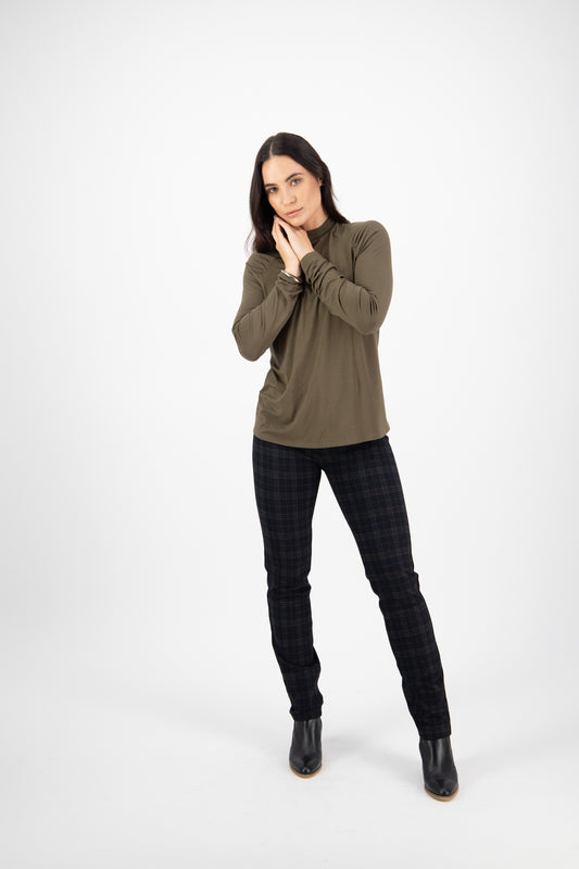 Vassalli High Neck Top with Gather at Raglan Sleeves - Seaweed