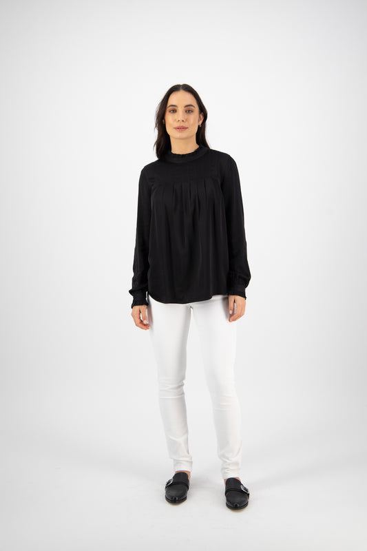 Vassalli Ruffle Neck Top with Pleat Front - Black