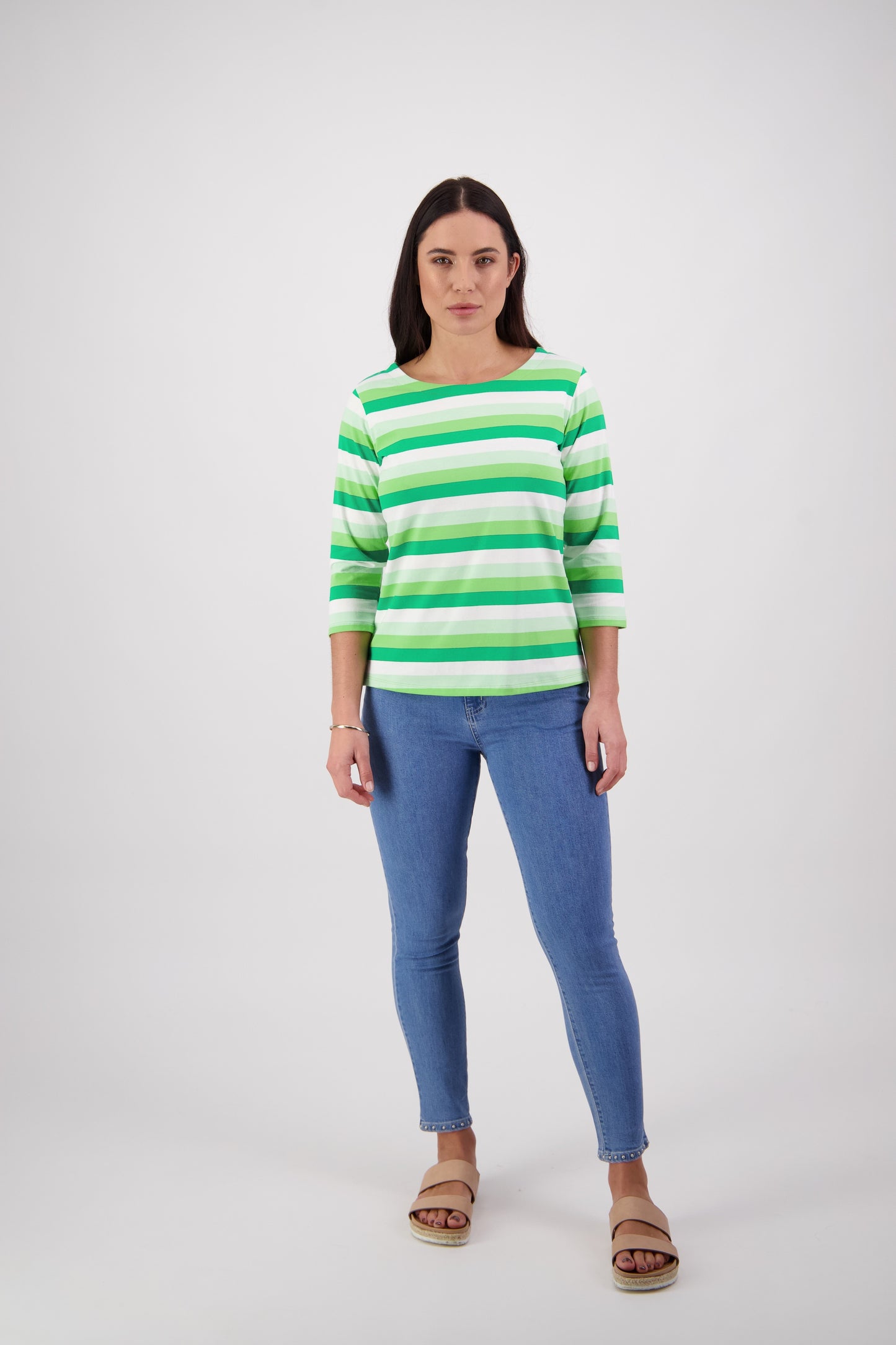 Vassalli Green Stripe Round Neck Elbow Length Sleeve T-Shirt