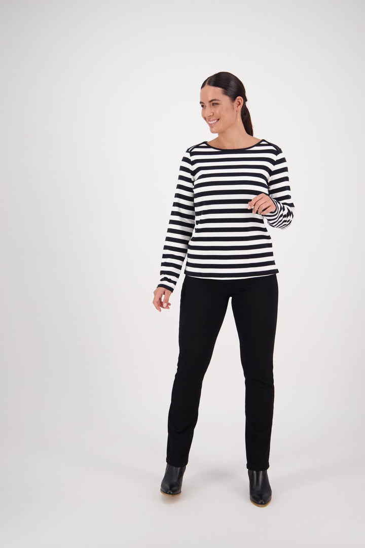 Vassalli Black/White Stripe Envelope Neck Long Sleeve Top