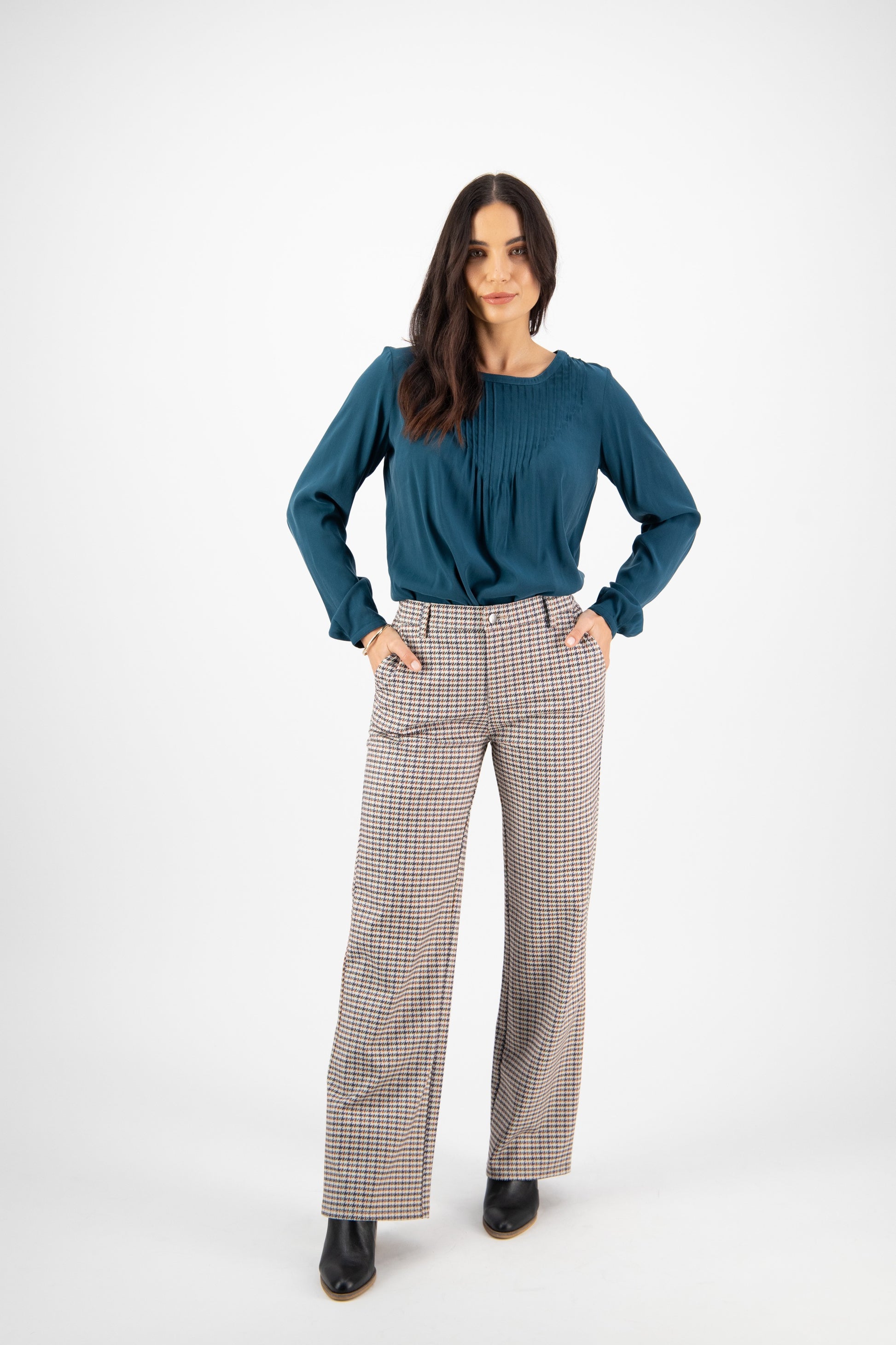 Vassalli Wide Leg Full Length Dress Pant with Elastic Back - Peacock Check