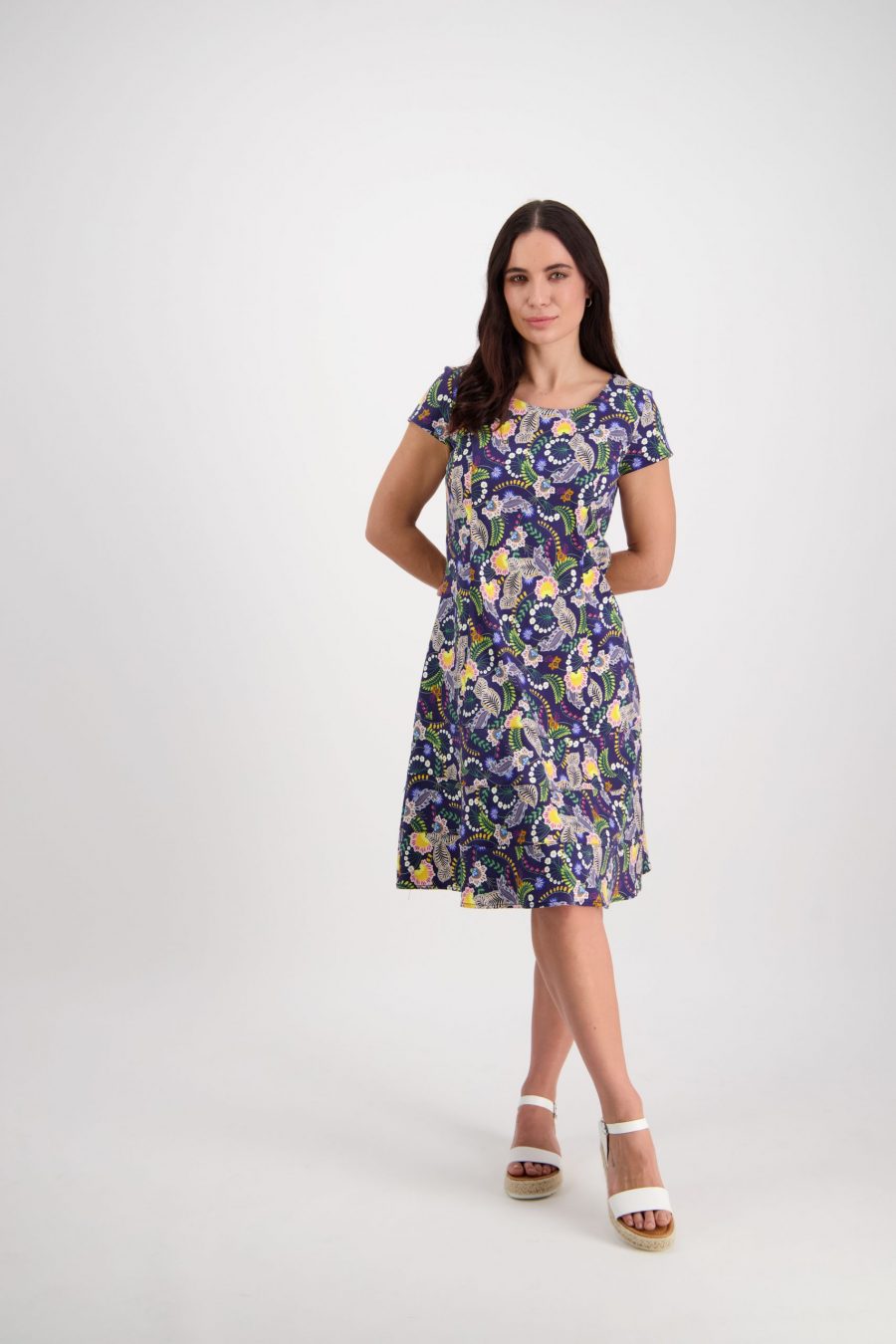 Vassalli Printed Lightweight Fit & Flare Dress with Cap Sleeve