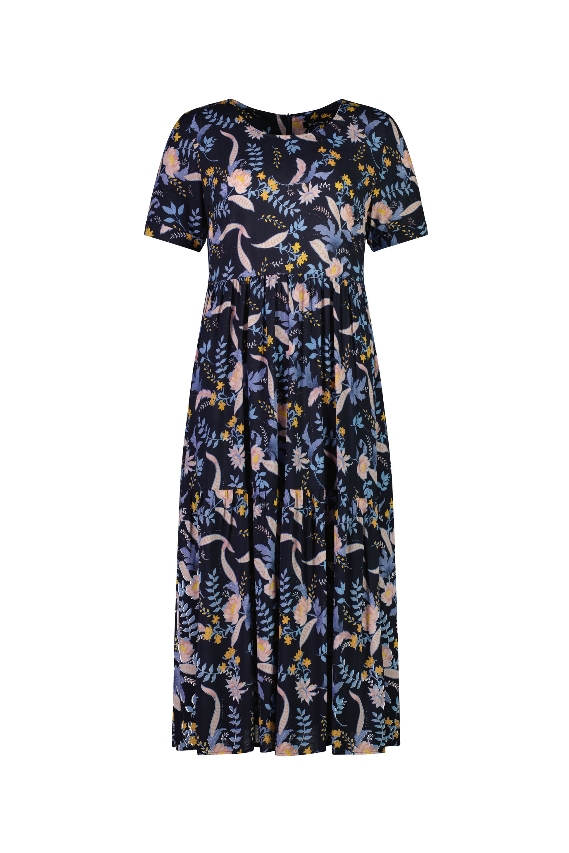 Vasaalli Round Neck Short Sleeve Tiered Dress 6070