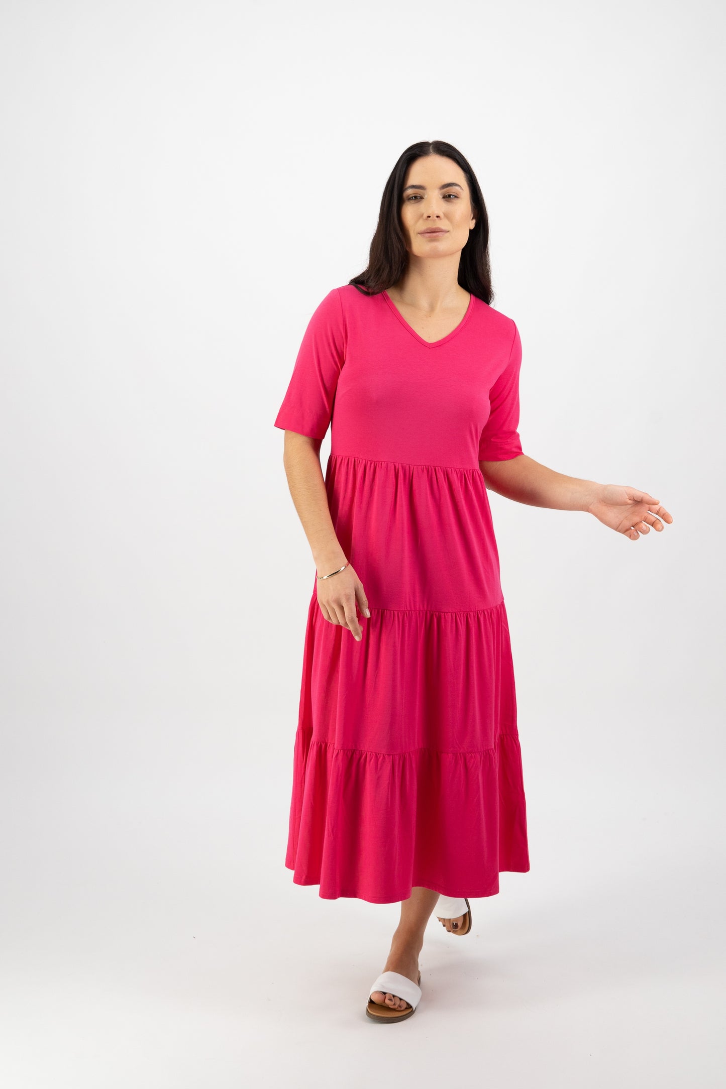 Vassalli Cerise V Neck Short Sleeve Tiered Dress