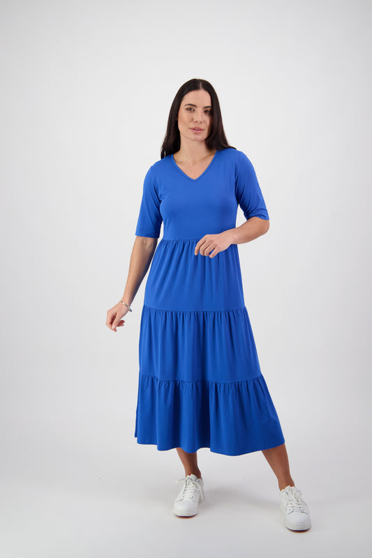 Vassalli Cobalt Blue V Neck Short Sleeve Tiered Dress