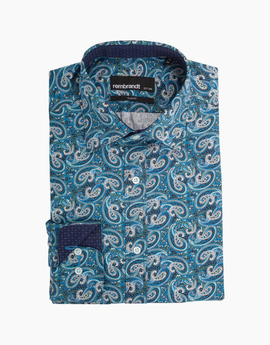 Rembrandt Barbican Black and Blue Paisley Long Sleeve Shirt