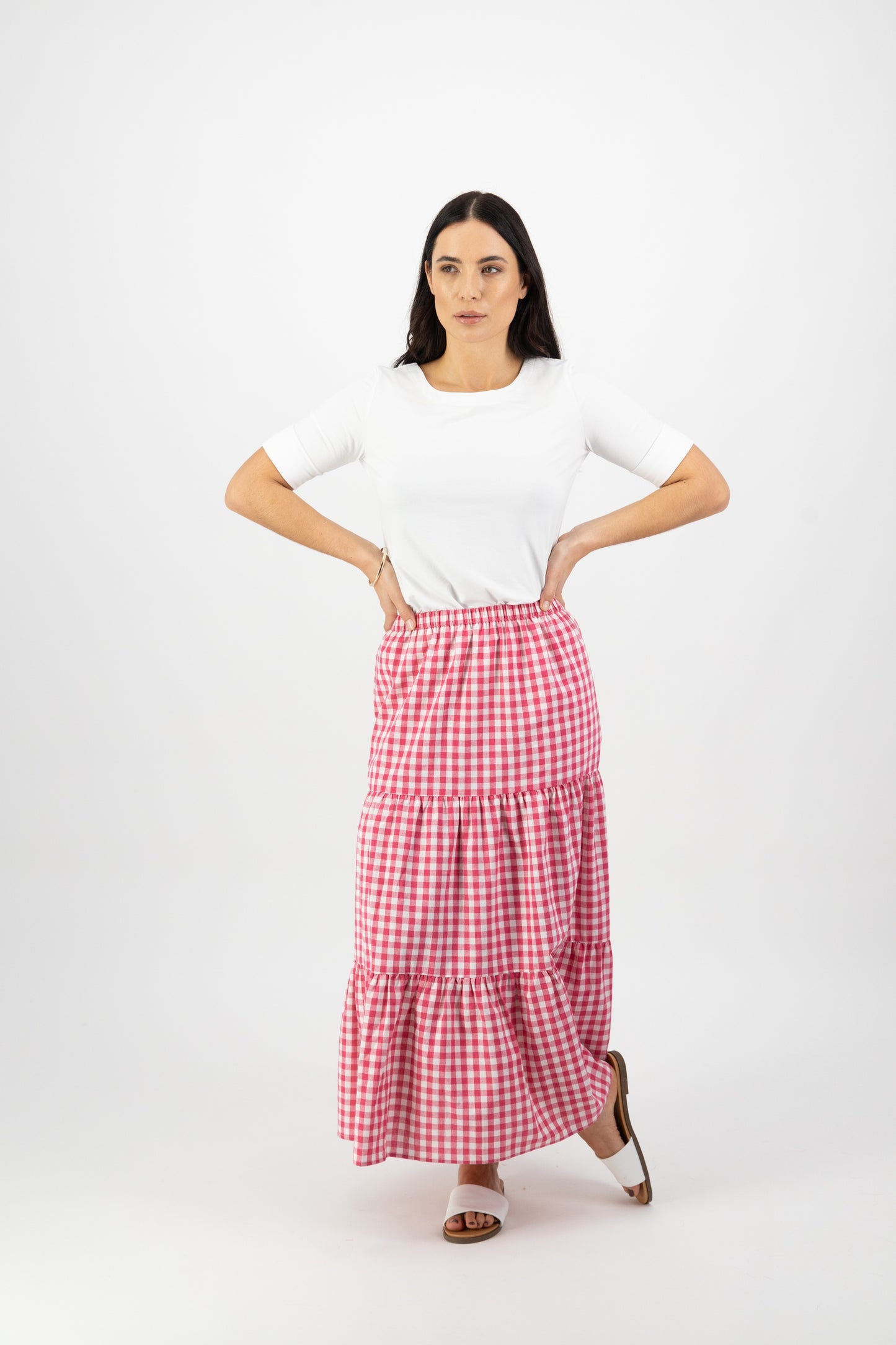 Vassalli Cerise Check Long Tiered Skirt