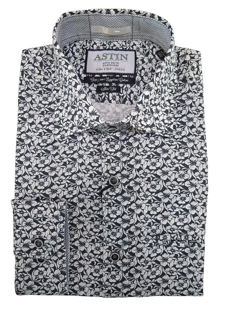 Astin Smith Black & White Floral Print Long Sleeve Shirt