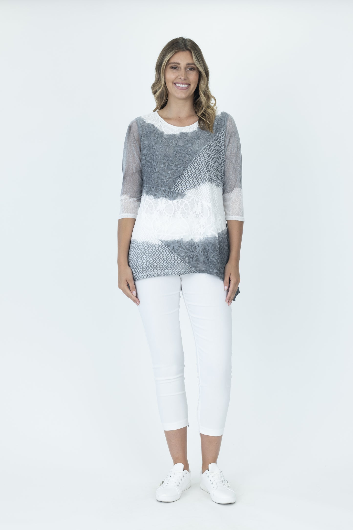Renoma Embossed Spliced Tunic Top Grey and White