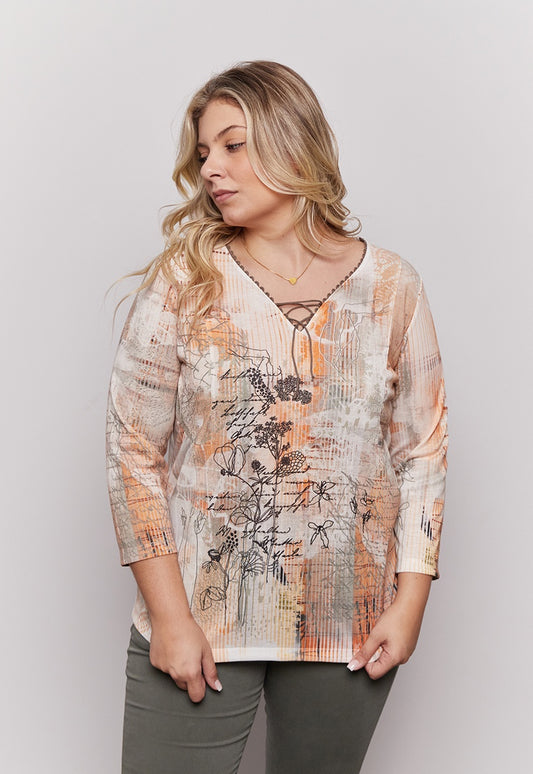 Bagoraz Beige Multi V Neck Top with Tie and Long Sleeve Shirt